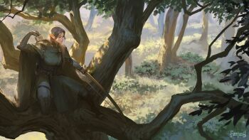 1girl absurdres arrow_(projectile) boots bow_(weapon) buckle cape day dress elbow_gloves elf fantasy forest gauntlets gloves highres holding holding_bow_(weapon) holding_weapon in_tree kneeling leggings lips nature original outdoors pointy_ears purple_hair quiver signature single_gauntlet solo sonech thigh_boots tree weapon