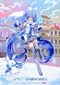 1girl animal aqua_hair bare_shoulders blue_eyes blue_necktie blue_scarf boots character_name commentary_request detached_sleeves double-parted_bangs floating fringe_trim full_body grey_boots grey_skirt hair_between_eyes hair_ornament hatsune_miku headphones headset highres long_hair looking_at_viewer miniskirt mittens murakami_yuichi necktie open_mouth outdoors piapro_studio pleated_skirt rabbit rabbit_yukine scarf shiny_clothes shirt skirt sleeveless sleeveless_shirt smile snow snowflake_print standing standing_on_one_leg structure tattoo thigh_boots thighhighs twintails very_long_hair vocaloid white_mittens white_rabbit_(animal) white_shirt white_sleeves yuki_miku yuki_miku_(2011) zettai_ryouiki