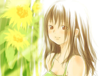 19_(nin19) 1girl analogous_colors bare_shoulders blush brown_eyes brown_hair closed_mouth collarbone eyes_visible_through_hair flower green_tank_top hair_between_eyes long_hair looking_at_viewer original sketch smile split_mouth straight_hair sunflower sunlight tank_top upper_body yellow_flower