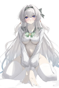 1girl :o @_@ absurdres arms_between_legs bed bed_sheet between_legs blue_eyes blush bottomless breasts collarbone covering_crotch covering_privates crop_top firefly_(honkai:_star_rail) firefly_(spring_missive)_(honkai:_star_rail) gluteal_fold hair_between_eyes hair_intakes hair_ribbon hair_tie hairband hand_between_legs he_yue highres honkai:_star_rail honkai_(series) large_breasts long_hair looking_at_viewer navel no_panties parted_lips ribbon sailor_collar shirt sidelocks simple_background sitting solo thick_thighs thighs underboob white_background white_hair white_shirt