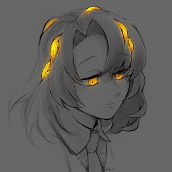 1other closed_mouth collared_shirt colored_sclera e.g.o_(project_moon) employee_(project_moon) extra_eyes glowing glowing_eyes greyscale highres lamp_(e.g.o) lobotomy_corporation looking_to_the_side monochrome necktie nugget_(project_moon) portrait project_moon shirt simple_background solo spot_color yatsumeunagi yellow_sclera