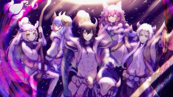 Rule 34 | 2boys, 3girls, :3, abs, absurdres, ahoge, ahri (league of legends), black gloves, black hair, blue hair, braid, brown horns, centaur, colored skin, cropped jacket, fingernails, flower, gloves, grin, hair between eyes, hair flower, hair ornament, highres, holding, holding staff, horns, jacket, japanese clothes, kimono, kindred (league of legends), lamb (league of legends), league of legends, lillia (league of legends), long hair, long sleeves, looking at viewer, looking back, mask, multiple boys, multiple girls, official alternate costume, one eye closed, open clothes, open jacket, orange flower, park ogre, pink hair, pointy ears, ponytail, purple skin, sharp fingernails, skull, smile, spirit blossom ahri, spirit blossom kindred, spirit blossom lillia, spirit blossom thresh, spirit blossom yone, staff, star (symbol), star symbol background, taur, teeth, thresh (league of legends), twin braids, white hair, yone (league of legends)
