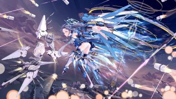 1girl absurdres aqua_halo aris_(blue_archive) aris_(mecha_suit)_(blue_archive) bare_shoulders black_hair blue_eyes blue_necktie commentary_request energy_gun flying forest_0 gloves gradient_sky halo highres leotard long_hair malkuth_(blue_archive) mecha_musume mechanical_legs mechanical_wings missile necktie official_alternate_costume outdoors rectangular_halo showgirl_skirt skirt sky solo thighhighs thrusters twintails very_long_hair weapon wings