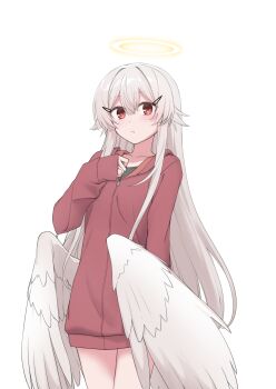 Rule 34 | 1girl, :o, brown jacket, feathered wings, full body, grey hair, hair between eyes, hair flaps, hair ornament, hairclip, halo, hand up, highres, hood, hood down, hooded jacket, jacket, kawama shuusuke, long hair, long sleeves, looking at viewer, low wings, original, parted lips, puffy long sleeves, puffy sleeves, red eyes, simple background, sleeves past wrists, solo, very long hair, white background, white wings, wings
