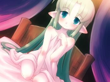 1girl bare_shoulders bed bed_sheet blush closed_mouth collarbone covering_breasts covering_privates curtained_hair curtains ear_blush elbow_blush elf full_body green_eyes green_hair hair_down hand_up holding indoors juusha-chan_to_yaya_zannen_na_yuusha_no_hanashi juusha_(juusha-chan_to_yaya_zannen_na_yuusha_no_hanashi) long_hair looking_at_viewer nude on_bed pointy_ears seiza shoulder_blush sidelocks sitting smile solo third-party_source very_long_hair yoshi_(crossmind)
