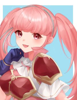 1girl armor blue_gloves blush breastplate breasts commentary_request dress ell_0314 fire_emblem fire_emblem:_three_houses fire_emblem_heroes gloves highres hilda_valentine_goneril hilda_valentine_goneril_(skyward_wings) long_hair looking_at_viewer medium_breasts nintendo official_alternate_costume open_mouth short_sleeves shoulder_armor smile solo twintails upper_body white_dress