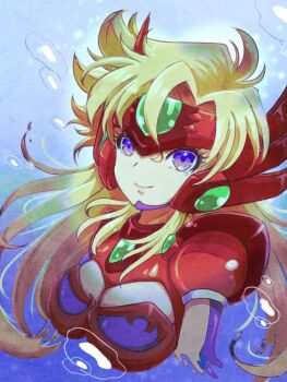 1girl armor blonde_hair forehead_jewel headgear highres long_hair marty_(mega_man) mee_(meee_oekaki) mega_man_(series) mega_man_x_(manga) mega_man_x_(series) purple_eyes shoulder_armor smile solo