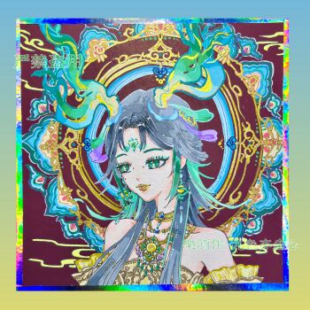 Rule 34 | 1girl, absurdres, aqua eyeshadow, aqua horns, bare shoulders, black hair, blue border, border, bright pupils, chinese clothes, chinese commentary, choker, chroma's mortal heart (infinity nikki), closed mouth, colorful, commentary request, detached sleeves, dragon horns, dress, energy horns, eyelashes, eyeshadow, facial mark, flower facial mark, flower symbol, forehead mark, gold choker, gradient border, green eyes, green horns, hair over shoulder, happy, highres, horns, infinity nikki, jewelry, lipstick, long hair, makeup, mohan83146, necklace, nikki (series), official alternate color, orange lips, picture frame, red background, sample watermark, smile, smoke, solo, strapless, strapless dress, traditional media, two-tone background, two-tone border, upper body, watermark, white background, white border, yellow border, yellow lips, yellow pupils