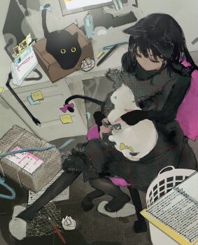 1girl animal_ears black_cat black_hair black_pantyhose cat cat_ears cat_tail commentary_request highres indoors long_hair monitor nemiya original pantyhose skirt slippers solo tail white_cat white_slippers