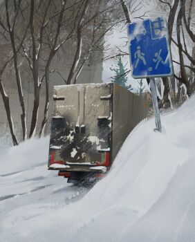 Rule 34 | absurdres, ala southiick, bare tree, box truck, building, city, highres, motor vehicle, no humans, original, outdoors, road sign, scenery, sign, snow, tree, truck, winter