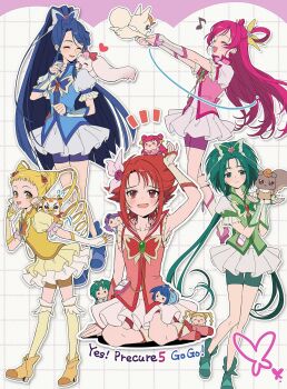 5girls :d akimoto_komachi bean_bag bike_shorts blonde_hair blue_dress blue_hair blush butterfly_brooch butterfly_earrings butterfly_hair_ornament closed_eyes closed_mouth coco_(yes!_precure_5) cone_hair_bun cure_aqua cure_dream cure_lemonade cure_mint cure_rouge dress earrings english_text flower frilled_sleeves frills green_dress green_eyes green_hair hair_bun hair_flower hair_ornament hair_rings highres jewelry kasugano_urara_(yes!_precure_5) long_hair looking_at_another looking_up magical_girl medium_hair milk_(yes!_precure_5) milky_rose minazuki_karen multiple_girls natsuki_rin nuts_(yes!_precure_5) open_mouth pink_dress pink_hair ponytail precure puffy_short_sleeves puffy_sleeves purple_eyes red_dress red_eyes red_hair short_bangs short_hair short_sleeves sitting sleeveless smile standing syrup_(yes!_precure_5) wariza wrist_cuffs yellow_dress yellow_eyes yes!_precure_5 yes!_precure_5_gogo! yumehara_nozomi yuzu_sato