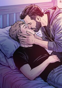 Rule 34 | 2boys, age difference, beard, bed, black hair, black pants, black shirt, blonde hair, blue jacket, blue pants, closed eyes, commentary, crew neck, denim, dennis whitaker, english commentary, facial hair, hands on another's face, highres, hood, hood down, hooded jacket, jacket, jeans, kiss, kneeling, long sleeves, lying, male focus, michael robinavitch, multiple boys, on back, pants, parted hair, pillow, quennaart7, shirt, short sleeves, t-shirt, the pitt, yaoi