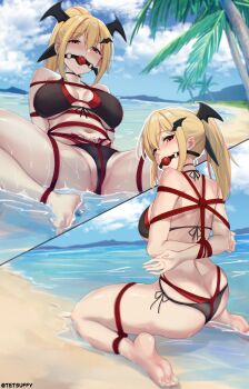 1girl absurdres arms_behind_back ball_gag bdsm beach bikini black_bikini black_choker blonde_hair bondage bound bound_arms bound_legs bound_torso box_tie breasts choker cloud cloudy_sky crotch_rope drooling fangs female_focus frogtie gag gagged highres large_breasts long_hair looking_at_viewer multicolored_hair multiple_views ocean original outdoors palm_tree ponytail red_eyes red_hair restrained sand shibari side-tie_bikini_bottom sky spread_legs streaked_hair swimsuit teeth tetsuffy_(tetsulul) tree upper_teeth_only wet