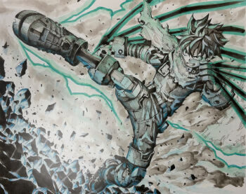 Rule 34 | 1boy, absurdres, armor, boku no hero academia, broken ground, colored pencil (medium), commentary request, fighting stance, highres, katsu (24791909), kicking, male focus, marker (medium), midoriya izuku, solo, spiked hair, teeth, traditional media