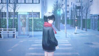 absurdres aqua_eyes black_hair black_jacket city commentary_request highres holding jacket long_sleeves looking_at_viewer official_art original outdoors phone_booth puffy_sleeves red_scarf scarf scenery short_hair skirt tokaki traffic_light tree