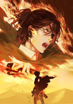 1other brown_hair burning cloak eyepatch fighting_stance furrowed_brow glasses green_cloak hair_over_one_eye hange_zoe highres holding holding_weapon medium_hair open_mouth ponytail red_eyes sand_dune shingeki_no_kyojin shouting solo torn_clothes weapon whistle_0324
