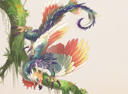 Rule 34 | animal focus, beak, bird wings, branch, claws, dragon, feathered dragon, feathered wings, feathers, full body, monster, moss, no humans, on branch, open mouth, original, simple background, solo, tail, wings, yamamura le, yellow background, yellow eyes
