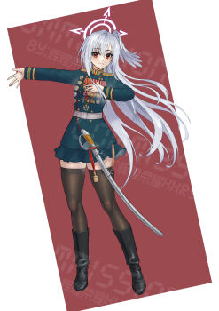 1girl absurdres black_boots blue_archive blue_jacket blue_skirt boots breasts brown_background brown_thighhighs commentary_request feathered_wings frilled_skirt frills full_body grey_hair grey_wings halo head_wings highres huihuang_rongyao jacket long_hair long_sleeves medal military_uniform outstretched_arm saber_(weapon) sheath sheathed shoulder_boards single_head_wing skirt small_breasts solo soviet soviet_army standing suzumi_(blue_archive) sword thighhighs thighhighs_under_boots two-tone_background very_long_hair watermark weapon white_background wings