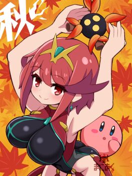 1girl breasts crossover highres kirby kirby_(series) large_breasts ma2acworks nintendo pyra_(pro_swimmer)_(xenoblade) pyra_(xenoblade) red_eyes red_hair xenoblade_chronicles_(series) xenoblade_chronicles_2