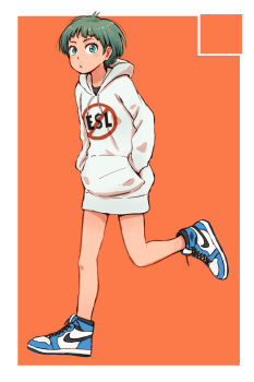 1girl aqua_eyes commentary_request green_hair hands_in_pocket highres hood hood_down hoodie naotan orange_background original running shoes short_hair sneakers white_hoodie