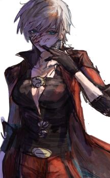 1girl black_gloves blue_eyes blush breasts cleavage coat dante_(devil_may_cry) devil_may_cry devil_may_cry_(series) devil_may_cry_4 genderswap genderswap_(mtf) gloves highres large_breasts long_sleeves looking_at_viewer open_mouth red_coat sawayakadori short_hair simple_background smile solo white_hair