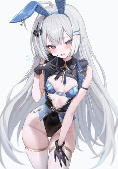 1girl abpart absurdres alternate_costume animal_ears arm_strap artist_name bare_shoulders black_gloves black_leotard blue_eyes blue_hairband blush breasts chess_piece commentary english_commentary female_tyrant_(stella_sora) gloves hair_ornament hairband hairclip hand_up highleg highleg_leotard highres leotard long_hair looking_at_viewer open_mouth paid_reward_available playboy_bunny pointy_ears rabbit_ears sidelocks simple_background skindentation sleeveless small_breasts solo stella_sora thighhighs thighs tyrant_(stella_sora) white_background white_hair white_thighhighs