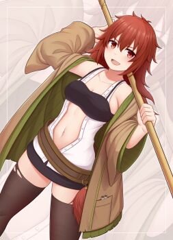 Rule 34 | 1girl, absurdres, atorie, black thighhighs, book, breasts, cleavage, collarbone, commentary request, duel monster, hair between eyes, highres, hiita (yu-gi-oh!), hiita the fire charmer, holding, holding scepter, hood, long hair, medium breasts, miniskirt, navel, open clothes, open robe, red eyes, red hair, robe, scepter, shirt, skirt, sleeveless, sleeveless shirt, staff, stomach, thighhighs, yu-gi-oh!, zettai ryouiki