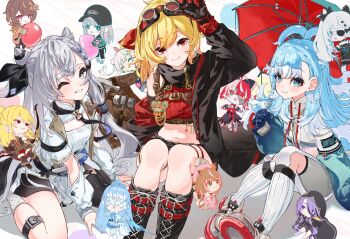 Rule 34 | 6+girls, adjusting eyewear, airani iofifteen, airani iofifteen (1st costume), anya melfissa, anya melfissa (indonesian casual), area 15, arm up, ayunda risu, ayunda risu (1st costume), azusa (azunyan12), black boots, black coat, black gloves, black scarf, black shorts, blonde hair, blue eyes, blue hair, blush, boots, bow, braid, breasts, brown hair, chest harness, chibi, closed mouth, coat, commentary, cone hair bun, cropped sweater, double bun, dress, earrings, feet out of frame, from above, gloves, goggles, goggles on head, grey hair, hair bow, hair bun, hair ornament, hair ribbon, harness, highres, holoh3roes, hololive, hololive indonesia, holoro, jacket, jewelry, kaela kovalskia, kaela kovalskia (4th costume), kaela kovalskia (5th costume), kobo kanaeru, kobo kanaeru (1st costume), kobo kanaeru (5th costume), kureiji ollie, kureiji ollie (1st costume), long hair, long sleeves, looking at viewer, moona hoshinova, moona hoshinova (goddess), multicolored hair, multiple girls, navel, official alternate costume, one eye closed, open mouth, pavolia reine, pavolia reine (6th costume), red bow, red eyes, red sweater, ribbed sweater, ribbon, scarf, shirt, short hair, short shorts, shorts, single earring, single off shoulder, sitting, sleeveless, sleeveless sweater, smile, stomach, sweater, thigh strap, two-tone hair, umbrella, underbust, vestia zeta, vestia zeta (1st costume), vestia zeta (5th costume), virtual youtuber, white background, white hair