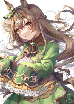 Rule 34 | 1girl, absurdres, animal ears, ascot, blush, bow, braid, breasts, brown ascot, brown eyes, brown hair, closed mouth, commentary request, double-parted bangs, dress, ear ornament, ear ribbon, frills, green dress, green jacket, hair between eyes, half up braid, high-low skirt, highres, horse ears, horse girl, horse tail, jacket, large breasts, long hair, long sleeves, multicolored hair, satono diamond (natural brilliance) (umamusume), satono diamond (umamusume), simple background, sleeves past fingers, sleeves past wrists, smile, solo, streaked hair, tail, umamusume, very long hair, white background, yoru usagi