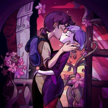 2girls amity_blight backpack bag balcony brown_hair closed_eyes cloud commentary cooockroach english_commentary flower highres hug indoors kiss luz_noceda multiple_girls plant pointy_ears ponytail purple_hair short_hair star_(sky) the_owl_house twilight vines window yuri