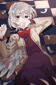 Rule 34 | 1girl, blush, bow, bowtie, braid, checkered floor, chromatic aberration, commentary request, covered mouth, covering own mouth, double-parted bangs, feathered wings, feathers, grey jacket, hair between eyes, half up braid, hand over own mouth, highres, jacket, katsuragi atori, kishin sagume, long sleeves, looking at viewer, lying, on back, on floor, open clothes, open jacket, purple shirt, purple skirt, red bow, red bowtie, red eyes, shirt, shirt tucked in, short hair, single wing, skirt, solo, tile floor, tiles, touhou, twitter username, white hair, white wings, wings
