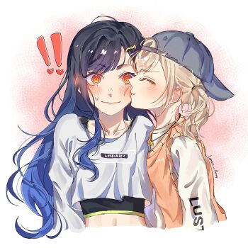Rule 34 | !, !!, 2girls, @ @, azusawa kohane, baseball cap, black hair, black hat, blonde hair, blue hair, closed eyes, closed mouth, commentary, crop top, gradient hair, hat, highres, kiss, kissing cheek, lemon peony, long hair, multicolored hair, multiple girls, orange eyes, orange sweater vest, project sekai, shiraishi an, shirt, short twintails, sweat, sweater vest, twintails, untranslatable commentary, white shirt, yuri