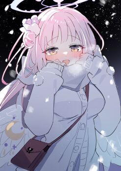 1girl alternate_costume angel_wings blue_archive breasts halo highres jacket large_breasts long_hair looking_at_viewer mika_(blue_archive) pink_hair pink_halo solo utakapen white_jacket white_wings wings yellow_eyes