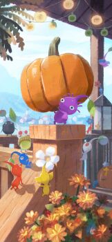 acorn all_fours amelicart black_eyes black_skin blue_eyes blue_pikmin blue_skin blue_sky bud climbing cloud colored_skin creature creature_focus day flower flying food from_behind game_cg highres holding holding_food insect_wings lantern leaf looking_at_another mountainous_horizon nintendo no_humans no_mouth official_art orange_flower outdoors oversized_food oversized_object palm_tree pikmin_(creature) pikmin_(series) pikmin_bloom pink_skin pointy_ears pointy_nose pumpkin purple_hair purple_pikmin purple_skin railing red_eyes red_pikmin red_skin rock rock_pikmin short_hair sky solid_circle_eyes stairs standing string_of_light_bulbs town tree triangle_mouth very_short_hair white_pikmin white_skin winged_pikmin wings yellow_pikmin yellow_skin