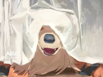 Rule 34 | arc draws, arcanine, commentary, curtains, fangs, gen 1 pokemon, lying, nintendo, no humans, on stomach, open mouth, pokemon, pokemon (creature), pokemon focus, solo, twitter username