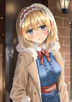 Rule 34 | 1girl, :o, alice margatroid, blonde hair, blue dress, blue eyes, blush, bow, bowtie, breath, brick wall, brown coat, buttons, coat, collared dress, commentary request, cowboy shot, dress, frilled hairband, frills, fur-trimmed coat, fur trim, hairband, head tilt, highres, lantern, looking at viewer, medium hair, parted lips, red bow, red bowtie, red hairband, red sash, sash, snow, solo, touhou, unfinished, winter clothes, winter coat, yuki (snowmaiden)