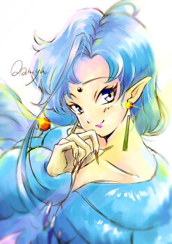 Rule 34 | 1boy, bishoujo senshi sailor moon, blue eyes, blue hair, blue jacket, blurry, blurry background, collarbone, commentary request, curtained hair, earrings, eyelashes, fish eye (sailor moon), forehead jewel, glint, hand up, jacket, jewelry, light rays, long finger, long hair, long sleeves, looking at viewer, low-tied long hair, male focus, pink lips, plunging neckline, pointy ears, red nails, signature, smile, solo, sphere earrings, sunbeam, sunlight, trap, upper body, wa ka1010, white background