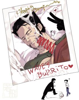 3boys black_gloves bottle censored closed_eyes commentary_request cum cum_on_body deadpool dog_tags ejaculation english_text facial gloves heart holding holding_bottle looking_at_another lying male_focus male_pubic_hair marvel multiple_boys on_bed parted_lips penis photo_(object) pillow pubic_hair sabertooth_(x-men) shirt short_hair sleep_molestation sleeping spoken_heart v veins veiny_penis wakatobi_chakku wolverine_(x-men) x-men x-men_film_series x-men_origins:_wolverine yaoi