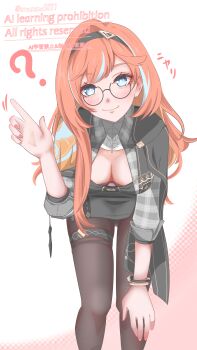 1girl ? absurdres black_coat black_hairband black_pantyhose black_shirt black_skirt blue_eyes blush bracelet breasts coat commentary_request erasumo3821 glasses hairband highres honkai_(series) honkai_impact_3rd jewelry leaning_forward long_hair looking_at_viewer medium_breasts official_alternate_costume orange_hair pantyhose senadina senadina_(steering_inequations) shirt simple_background skirt smile solo