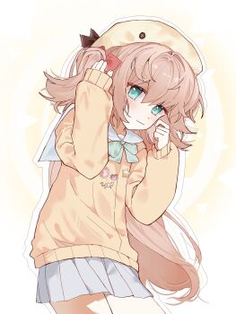 Rule 34 | 1girl, aqua bow, aqua bowtie, aqua eyes, beret, blue sailor collar, blue skirt, blush, bow, bowtie, brown hair, brown ribbon, cardigan, closed mouth, cowboy shot, hair between eyes, hair intakes, hair ribbon, hand on own head, hands up, hat, hat ribbon, highres, long hair, looking at viewer, looking up, miniskirt, neuro-sama, outline, pleated skirt, red ribbon, ribbon, sailor collar, skirt, sleeves past wrists, smile, solo, two side up, vedal ai, very long hair, white background, white outline, yebiyo1206, yellow background, yellow cardigan, yellow hat