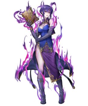 1girl aura bare_shoulders blue_hair book boots breasts cleavage dark_aura elbow_gloves fire_emblem fire_emblem:_the_blazing_blade fire_emblem_heroes gloves glowing glowing_eyes highres holding holding_book looking_at_viewer medium_breasts nintendo non-web_source official_alternate_eye_color official_art purple_boots purple_gloves red_eyes scowl shaded_face short_hair short_hair_with_long_locks side_slit solo tachi-e teeth undead ursula_(fire_emblem)