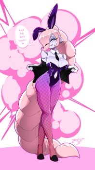 artist_name blue_eyes breasts collar doll_joints english_text fishnet_pantyhose fishnets hair_over_one_eye heart high_heels highres joints large_breasts long_hair navel necktie one_eye_closed open_mouth original pantyhose pink_hair ponytail rabbit_ears robot robot_ears robot_girl robot_joints smoke speech_bubble stiletto_heels very_long_hair wink zedrin