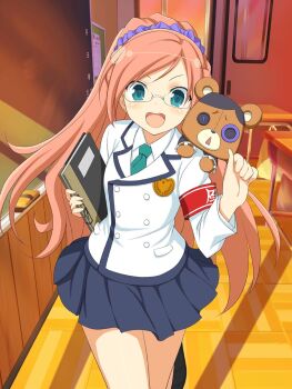 1girl :d blue_eyes blue_skirt blush board_eraser button_eyes buttons chair chalkboard classroom desk double-breasted eraser glasses green_necktie hair_ornament hair_scrunchie highres holding holding_notebook indoors kumapooh_(senran_kagura) loafers long_hair looking_at_viewer miniskirt necktie notebook official_art open_mouth orange_hair pleated_skirt ponytail purple_scrunchie ranmaru_(senran_kagura) school school_chair school_desk school_uniform scrunchie senran_kagura senran_kagura_new_wave shirt shoes skirt smile solo stuffed_animal stuffed_toy teddy_bear teeth tongue toritsu_hakuou_academy_school_uniform upper_teeth_only white_shirt yaegashi_nan