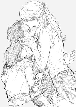 1boy 2girls arm_sling armor avengers:_endgame avengers_(series) back closed_eyes closed_mouth cowboy_shot denim eyelashes facial_hair family father_and_daughter fingernails good_end greyscale half-closed_eyes hand_on_another&#039;s_face hand_up hetero highres husband_and_wife kiss kissing_forehead long_hair long_sleeves looking_at_another looking_up low_ponytail marvel marvel monochrome morgan_stark mother_and_daughter multiple_girls om7mol pants pepper_potts pocket ponytail prosthesis prosthetic_arm scar shirt short_hair simple_background sitting smile standing sweater teeth tony_stark