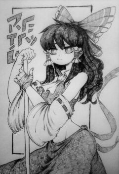 1girl absurdres ascot bandaged_hand bandages bare_shoulders bow breasts chronozbergh closed_mouth collared_shirt commentary cowboy_shot detached_sleeves expressionless frilled_bow frilled_hair_tubes frills greyscale hair_bow hair_tubes hakurei_reimu hands_up highres hip_bones long_hair long_sleeves looking_at_viewer medium_breasts midriff monochrome ribbon-trimmed_sleeves ribbon_trim shirt sidelocks simple_background skirt sleeveless sleeveless_shirt solo sound_effects standing touhou traditional_media wide_sleeves