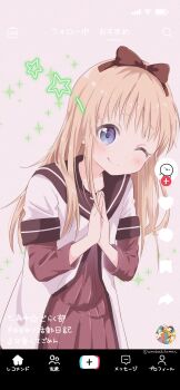 1girl absurdres black_sailor_collar blonde_hair blue_eyes blush bow brown_bow dress fake_phone_screenshot fake_screenshot hair_bow highres kawaikute_gomen_(honeyworks) layered_sleeves long_hair long_sleeves looking_at_viewer mearian namori_(character) nanamori_school_uniform one_eye_closed palms_together pink_background pleated_dress raised_eyebrows red_dress sailor_collar school_uniform shirt short_over_long_sleeves short_sleeves solo sparkle star_(symbol) tehepero tiktok tongue tongue_out toshinou_kyouko upper_body white_shirt yuruyuri