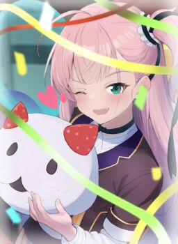 Rule 34 | 1girl, ;d, black choker, blurry, blush, brown jacket, choker, collared shirt, commentary request, confetti, green eyes, hair ribbon, heart, highres, holding, jacket, kamokawa j, long hair, long sleeves, looking at viewer, one eye closed, one side up, open mouth, origami family's elite guard uniform, pink hair, ribbon, shirt, smile, solo, toji no miko, tsubakuro yume, white shirt