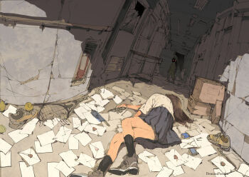 1girl artist_name ball brown_hair commentary demizu_posuka fire_hydrant letter long_hair love_letter on_ground original pleated_skirt racket school_uniform skirt tennis_ball tennis_racket too_many_letters