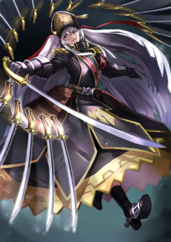 1girl altair_(re:creators) ankle_socks armband arms_up belt belt_bag bib black_armband black_coat black_footwear black_socks blue_eyes brown_bag clenched_hand coat coat_dress commentary_request crossed_bangs dress epaulettes floating floating_object floating_sword floating_weapon full_body gauntlets gold_trim hair_between_eyes hair_ribbon hat high_collar high_heels highres holding holding_sword holding_weapon lion_head_(ornament) long_dress long_hair long_sleeves military_hat military_uniform motion_blur multicolored_eyes re:creators red_armband red_eyes red_ribbon ribbon shako_cap sidelocks socks solo sparkle spurs sword sword_ring twintails two-tone_eyes veraqueen very_long_hair weapon white_hair