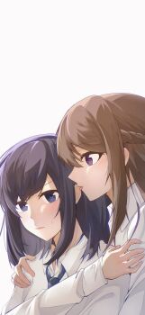 2girls blue_eyes blue_hair blue_necktie blush braid brown_hair collared_shirt commentary ear_licking half_up_braid hand_on_another&#039;s_shoulder highres licking long_hair mim120809 miyagi_shiori multiple_girls necktie parted_lips purple_eyes school_uniform sendai_hazuki shirt shuuniichido_classmate_wo_kau_hanashi simple_background symbol-only_commentary white_background white_shirt yuri